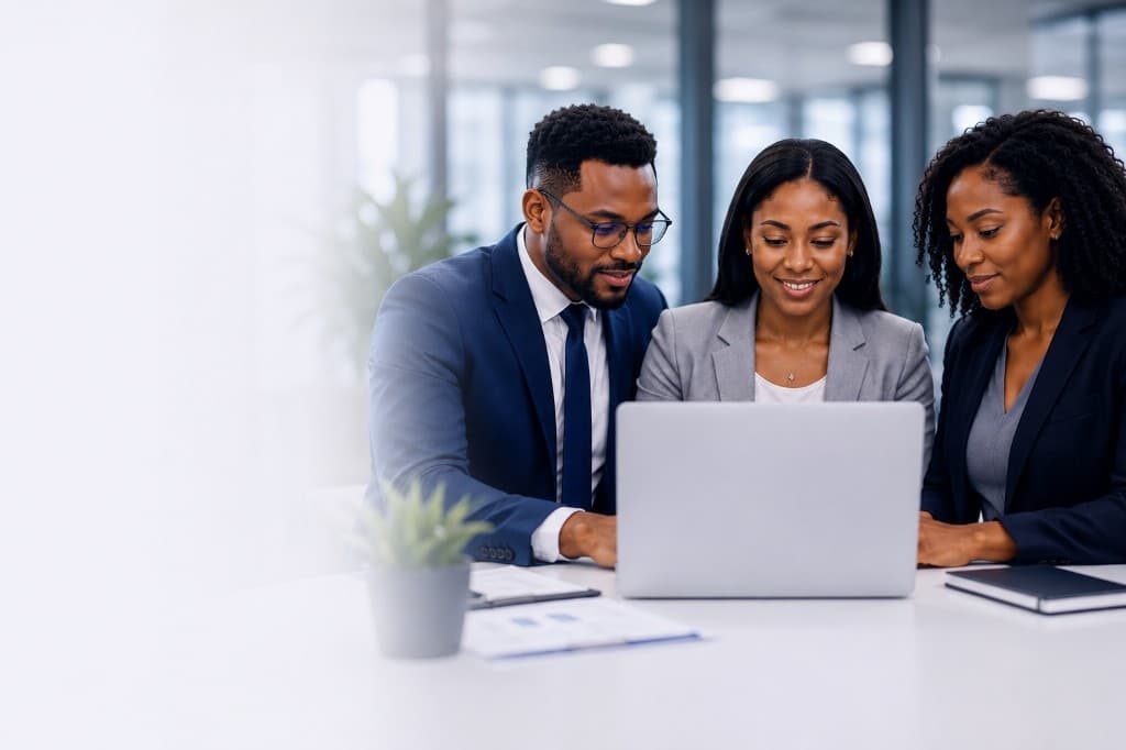 Three business professionals collaborating at a laptop in a modern office
